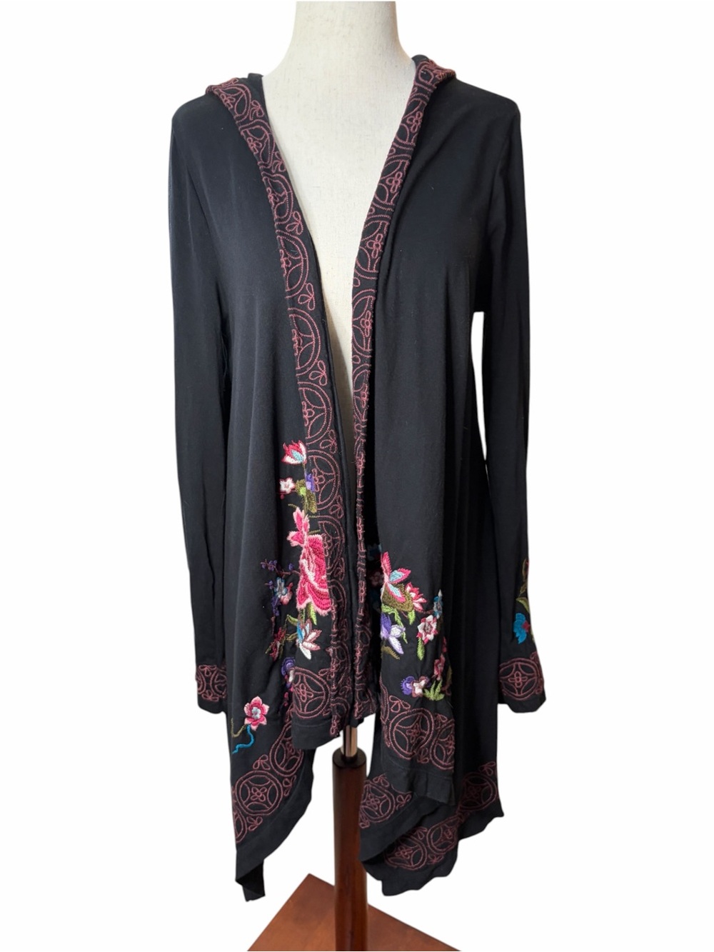 Johnny Was Women's Draped Embroidered Open-Front Hooded Cardigan